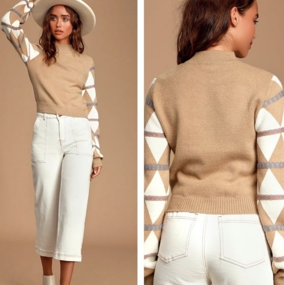 Lulus Sweaters - Lulus Women Tan Multi Knit Sweater Balloon Sleeves Crop Sweater sz S